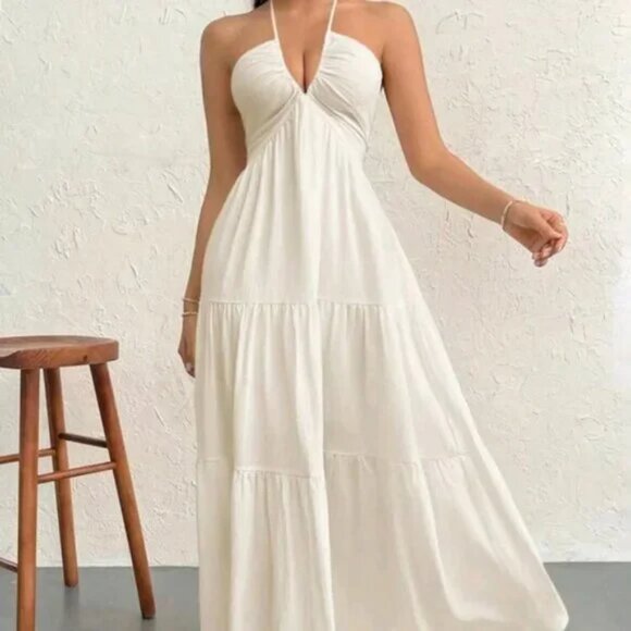 Romantic Beach Vacation Halter V-Neck Pleated Backless A-Line Dress - Picture 1 of 6